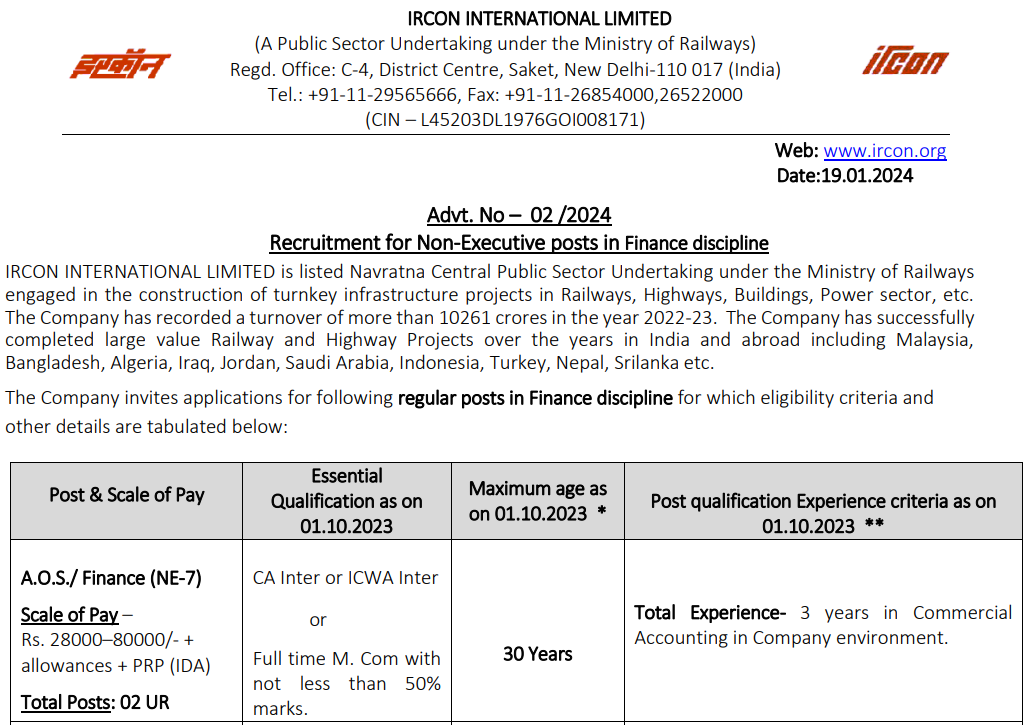 IRCON Recruitment 2024