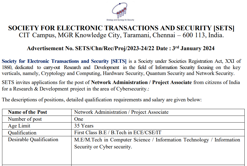 SETS Chennai Recruitment 2024