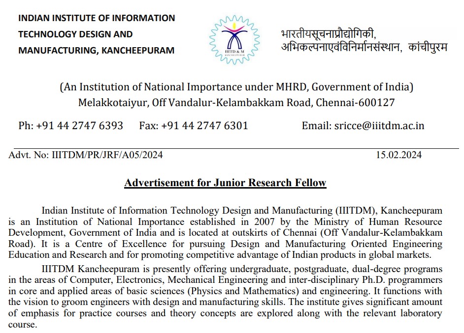 IIITDM Kancheepuram Recruitment 2024