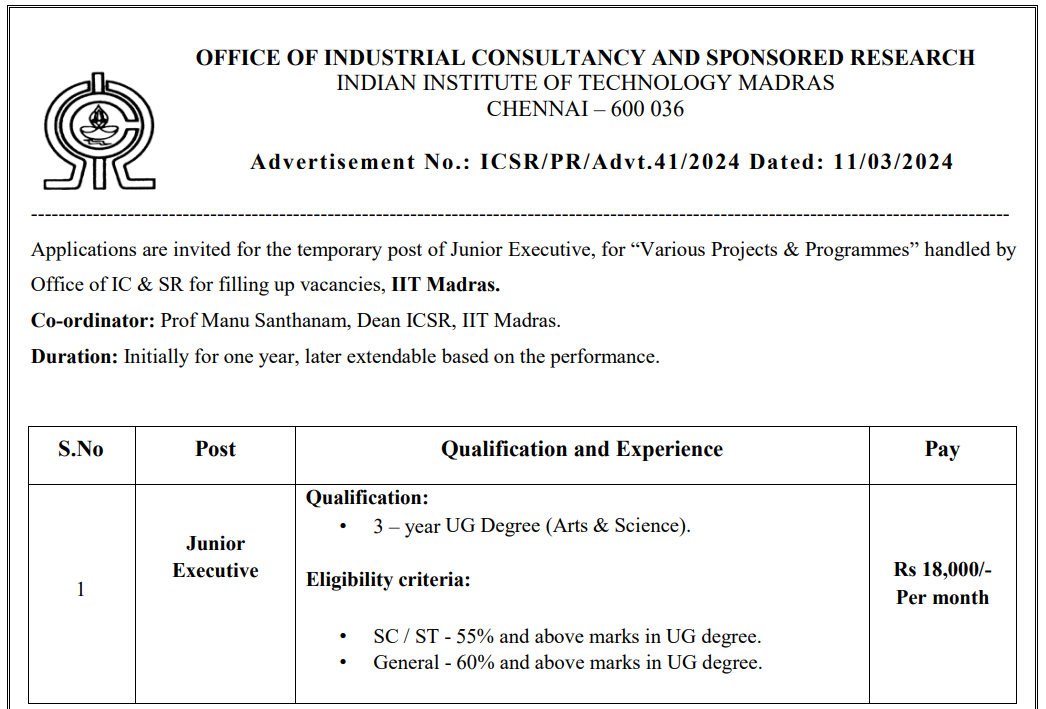 IIT Madras Recruitment 2024