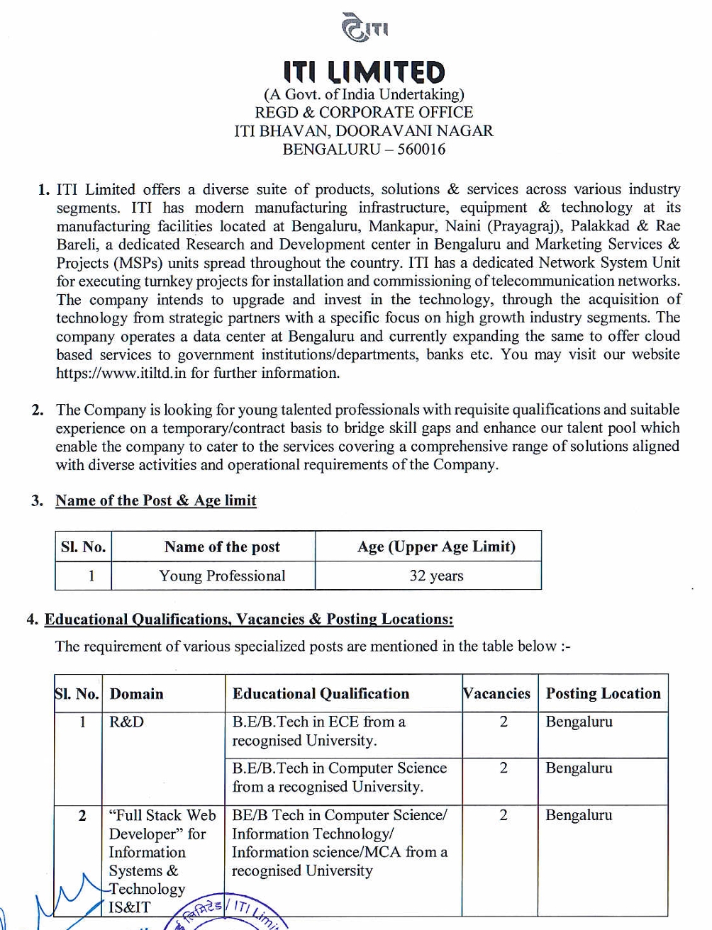 ITI Limited Recruitment 2024