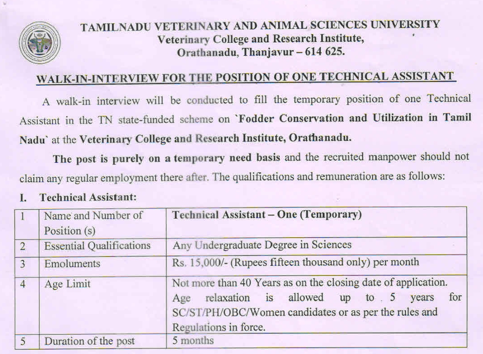 Tanuvas Technical Assistant Job