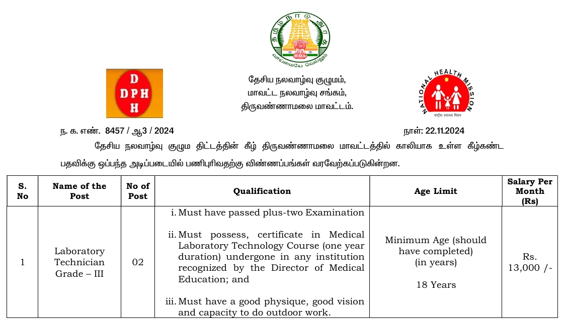 Tiruvannamalai DHS Recruitment 2024 - Lab Technician