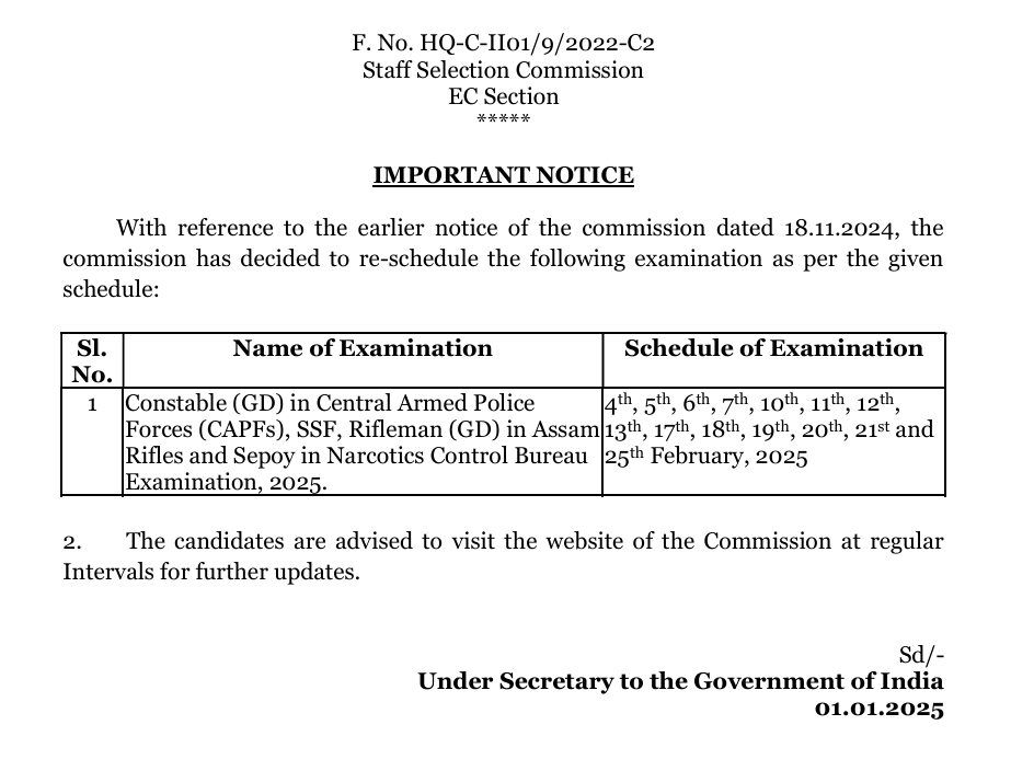 SSC Constable (GD) 2025 Revised Exam Date