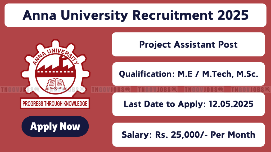 Anna University Project Assistant Recruitment 2025 Notification – Apply before 12th May 2025