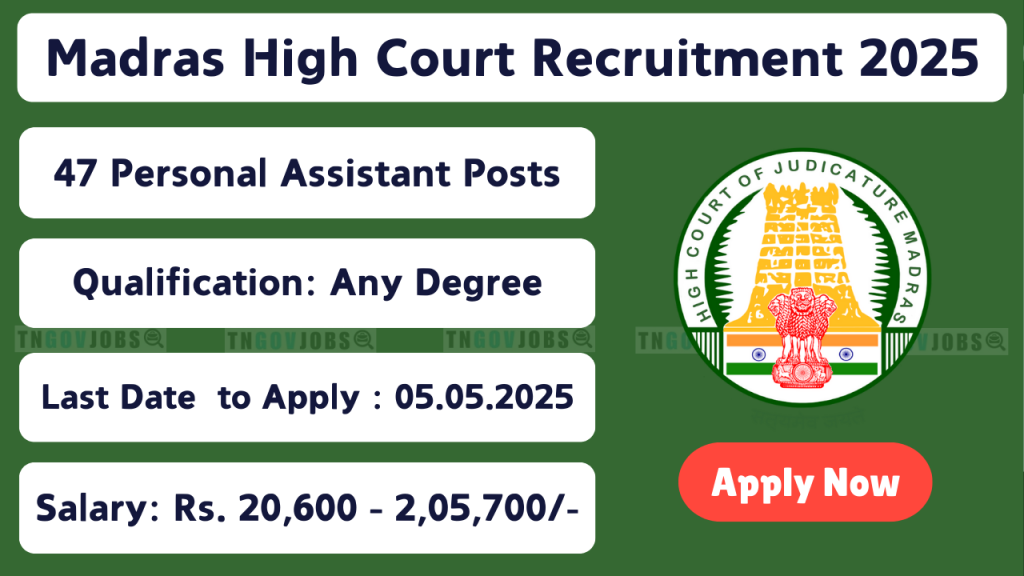 Madras High Court recruitment 2025 for Personal Assistant, Private Secretary, and Clerk posts – Apply online by 5th May