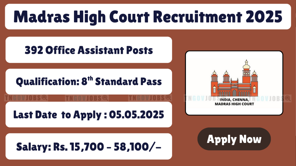 Madras High Court Recruitment 2025 – Apply online for 392 Office Assistant, Sweeper, Watchman and other posts before 5 May 2025