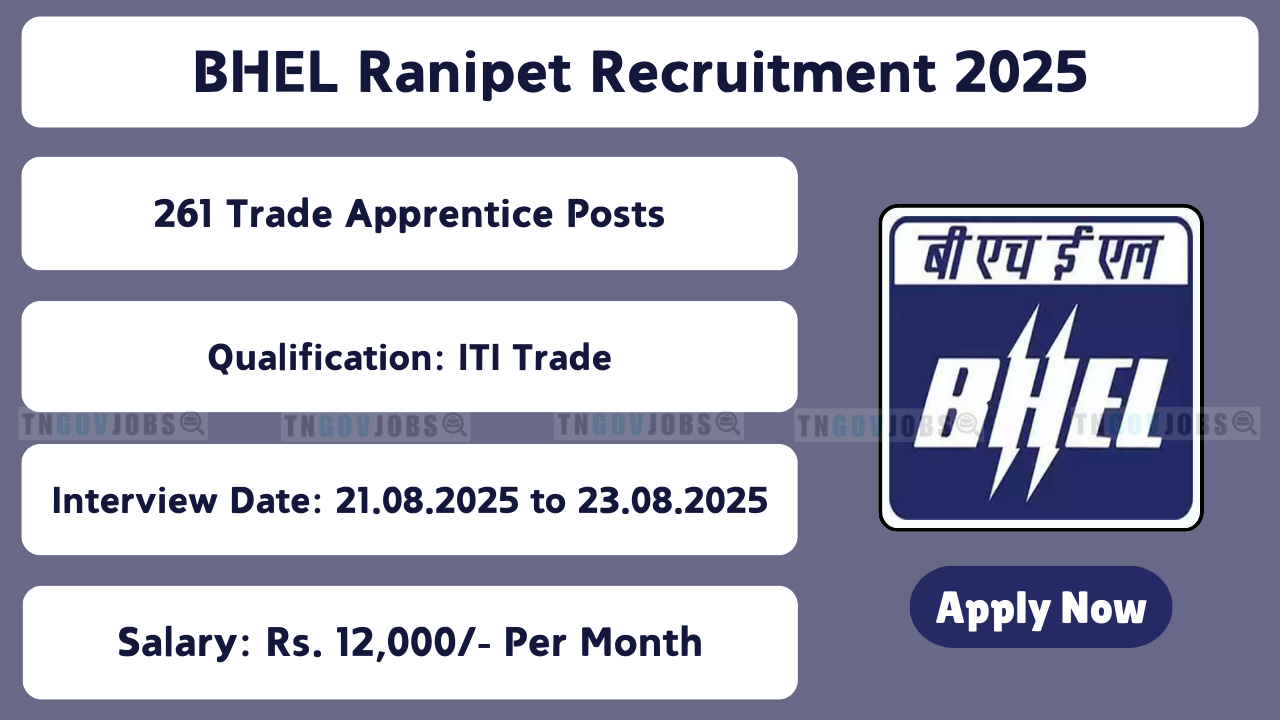 BHEL Ranipet Trade Apprentice Recruitment Notification 2025 for 261 Posts