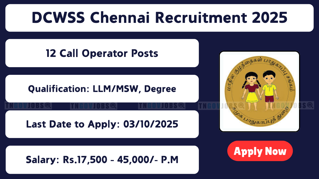 DCWSS Chennai notification 2025 for Helpline Administrator, IT Supervisor, and Call Operator posts – Apply via email before 03-10-2025