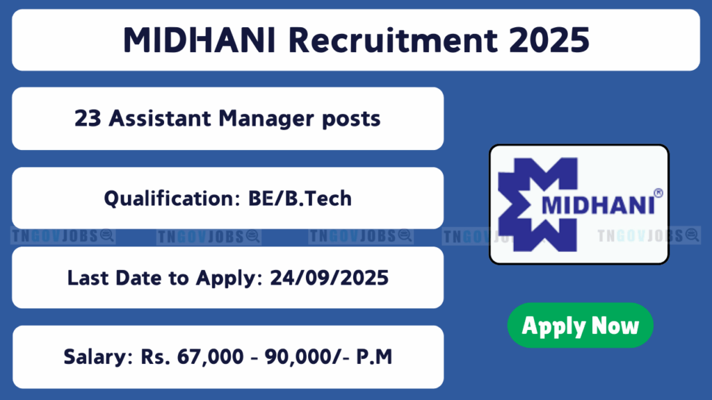 MIDHANI hiring 23 Assistant Manager posts in Metallurgy, Mechanical, Electrical, IT, and Materials Management – Apply online at midhani-india.in