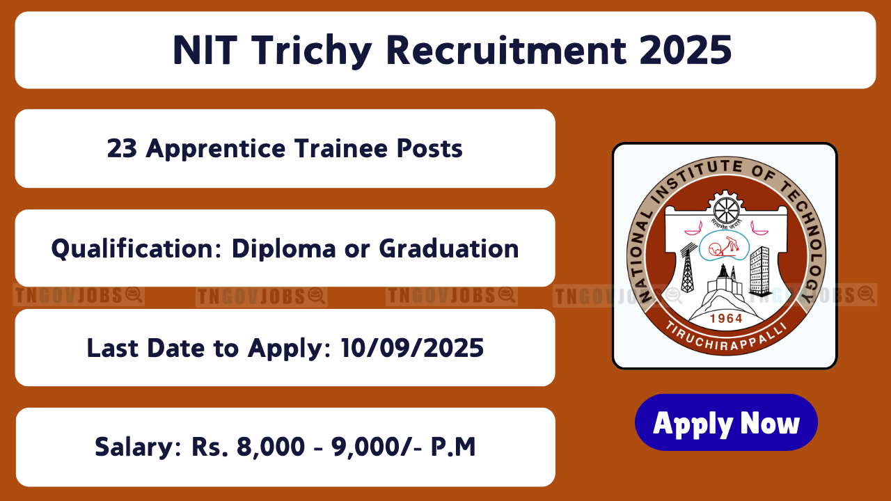 Apply for NIT Trichy Recruitment 2025 – 23 Apprentice Trainee vacancies in Tamil Nadu before 10.09.2025.