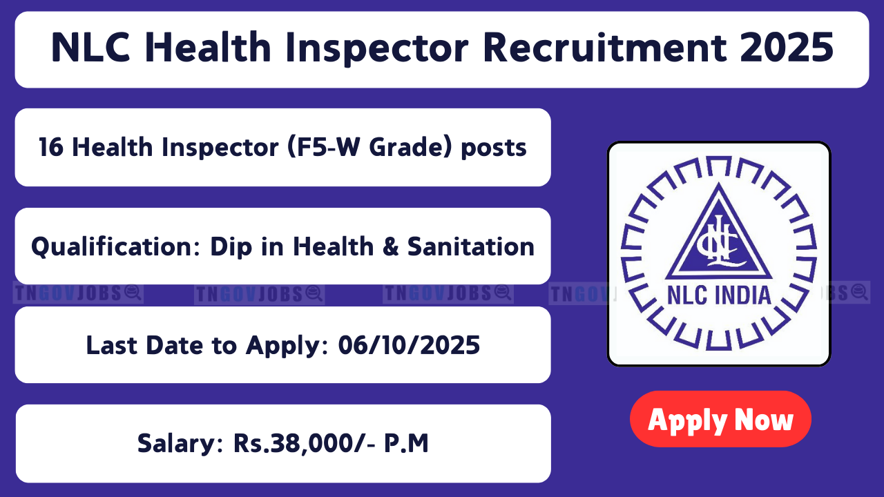 Apply online for 16 Health Inspector posts at NLC India Limited Neyveli
