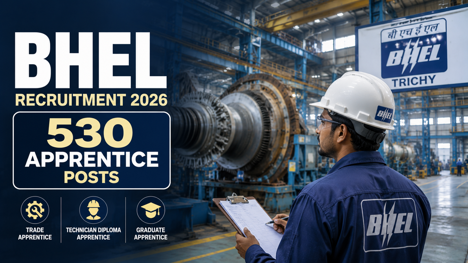 **Alt Text:** BHEL Trichy Recruitment 2026 – 530 Apprentice Posts for Trade, Technician Diploma and Graduate Apprentices.
